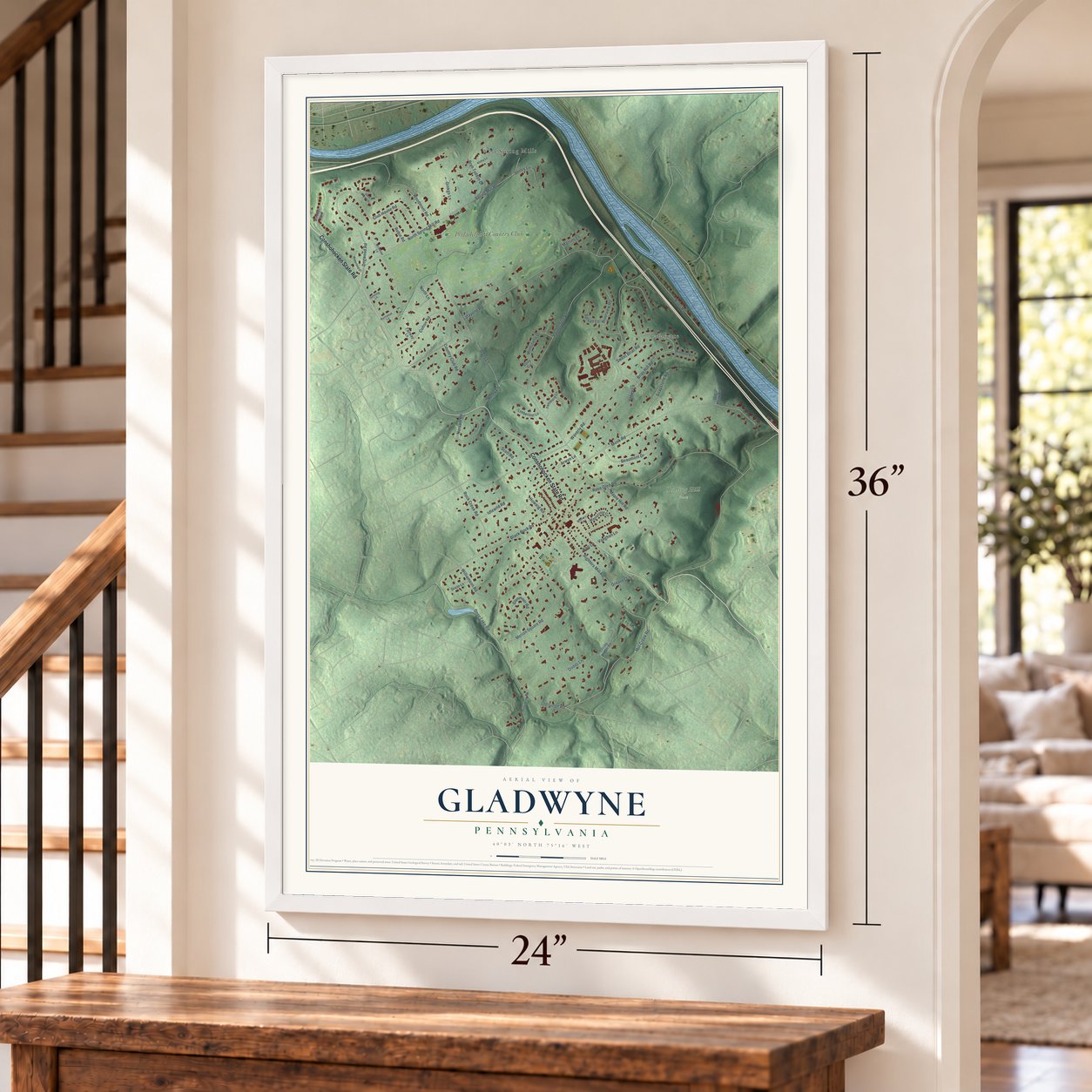 Gladwyne, Pennsylvania map, 24 x 36 inch print in a white frame by a staircase