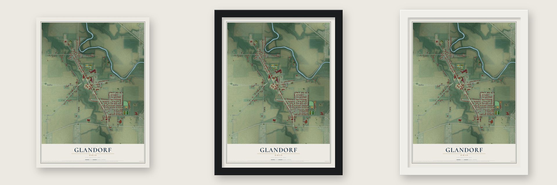 Glandorf, Ohio map unframed, in a black wood frame and in a white wood frame