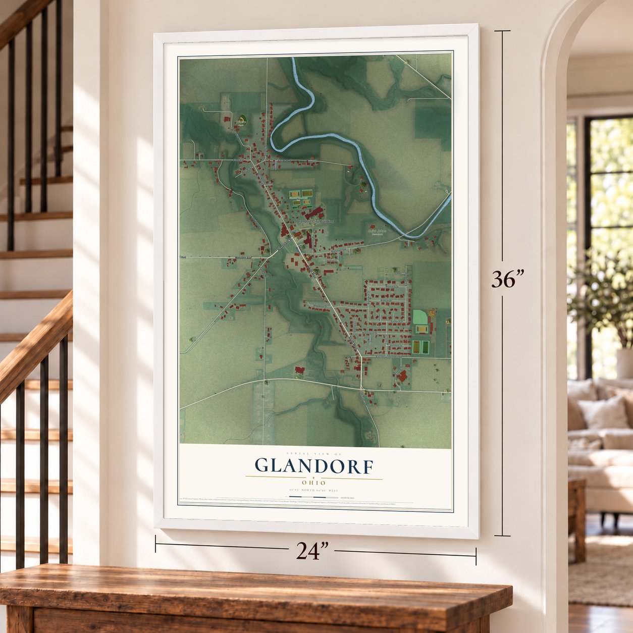 Glandorf, Ohio map, 24 x 36 inch print in a white frame by a staircase