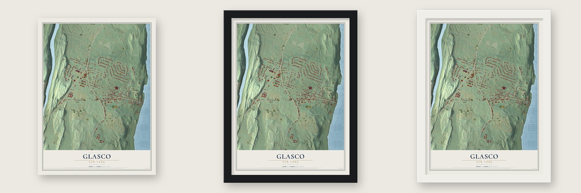 Glasco, New York map unframed, in a black wood frame and in a white wood frame