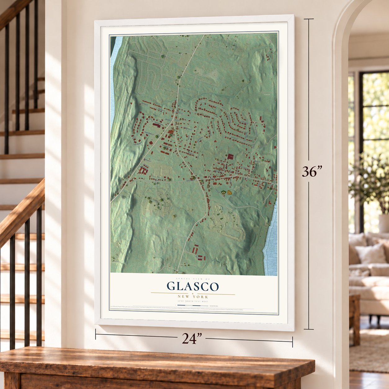 Glasco, New York map, 24 x 36 inch print in a white frame by a staircase