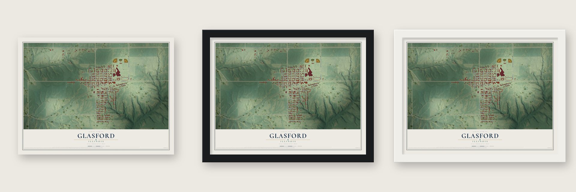 Glasford, Illinois map unframed, in a black wood frame and in a white wood frame