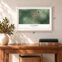 Glasford, Illinois map, 12 x 18 inch print in a white frame in an entryway