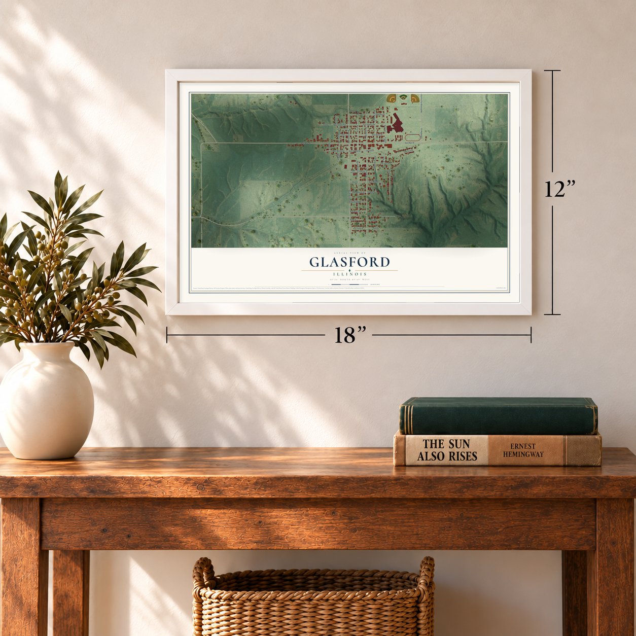 Glasford, Illinois map, 12 x 18 inch print in a white frame in an entryway