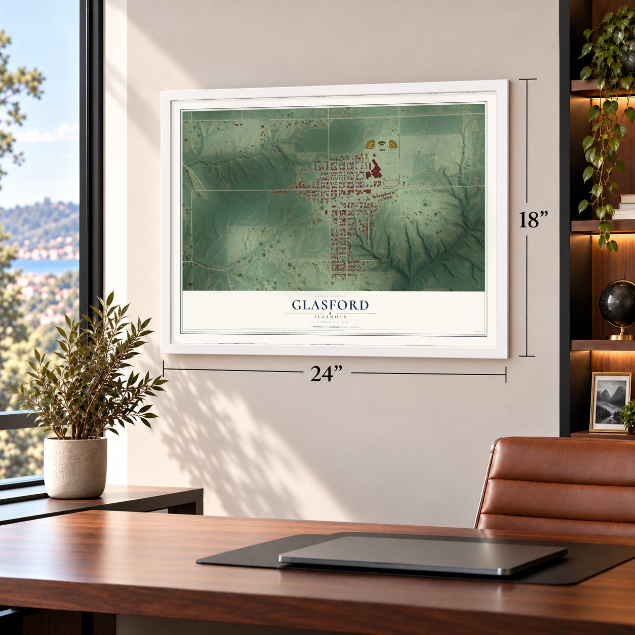 Glasford, Illinois map, 18 x 24 inch print in a white frame in a home office