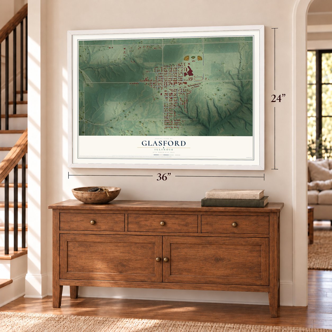 Glasford, Illinois map, 24 x 36 inch print in a white frame above a dresser by a staircase