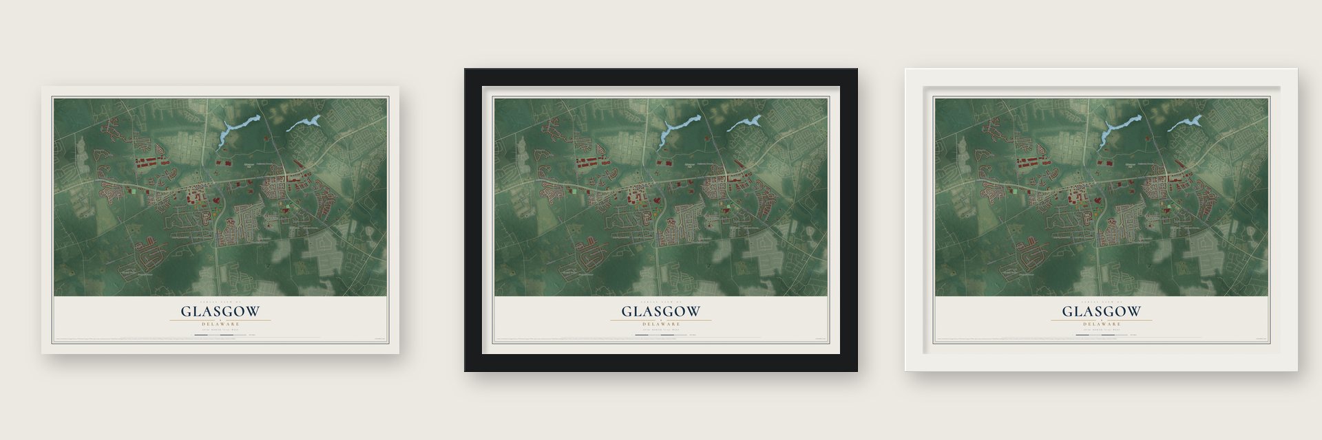 Glasgow, Delaware map unframed, in a black wood frame and in a white wood frame