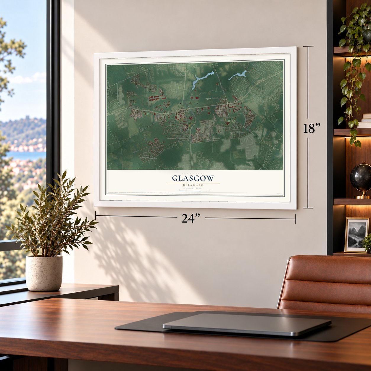Glasgow, Delaware map, 18 x 24 inch print in a white frame in a home office