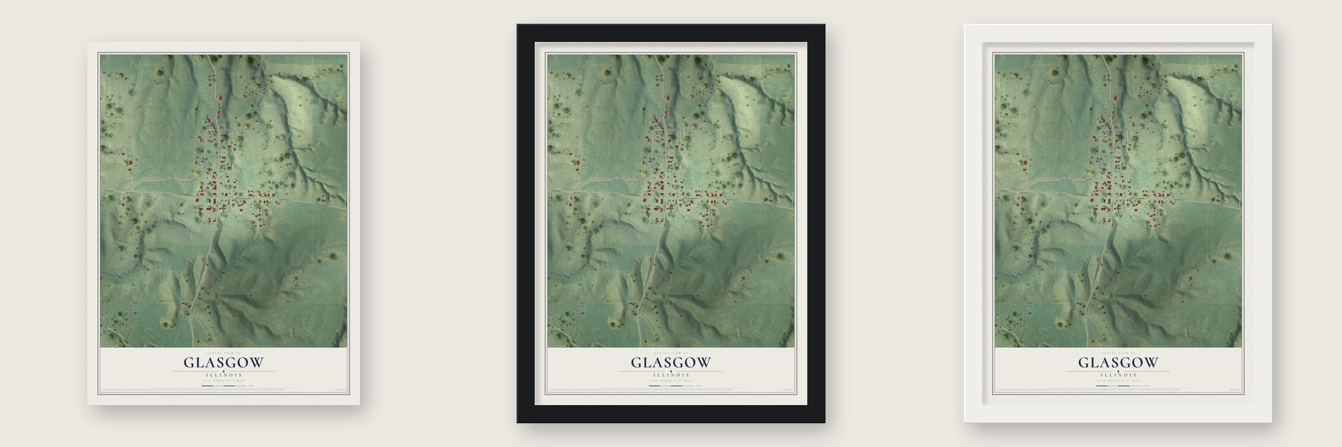 Glasgow, Illinois map unframed, in a black wood frame and in a white wood frame