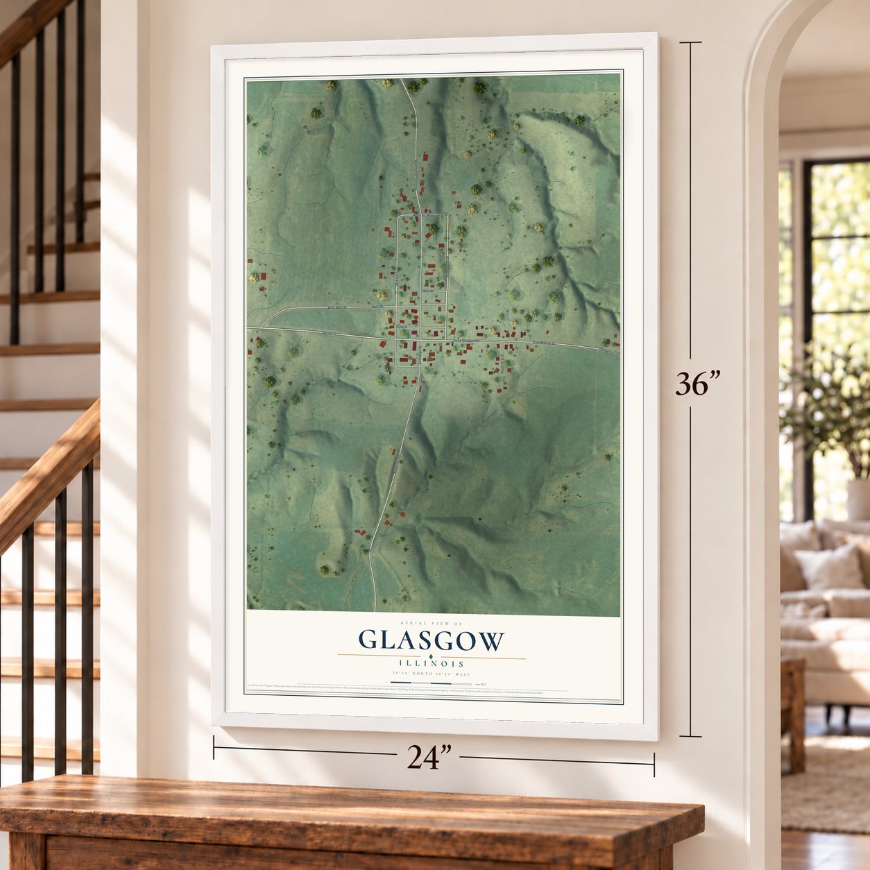 Glasgow, Illinois map, 24 x 36 inch print in a white frame by a staircase