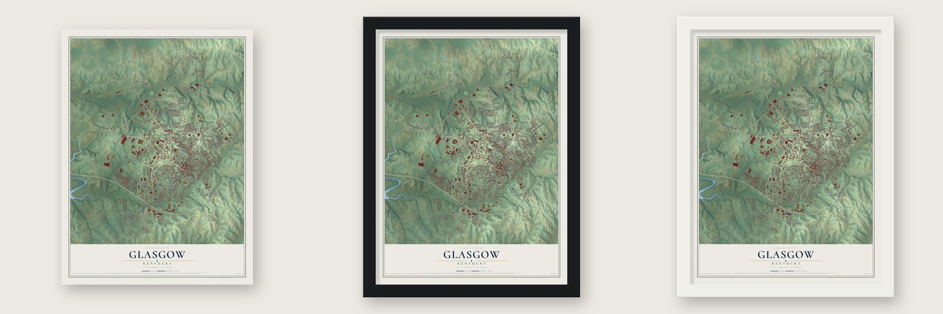 Glasgow, Kentucky map unframed, in a black wood frame and in a white wood frame