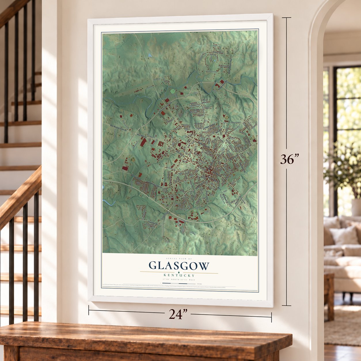 Glasgow, Kentucky map, 24 x 36 inch print in a white frame by a staircase