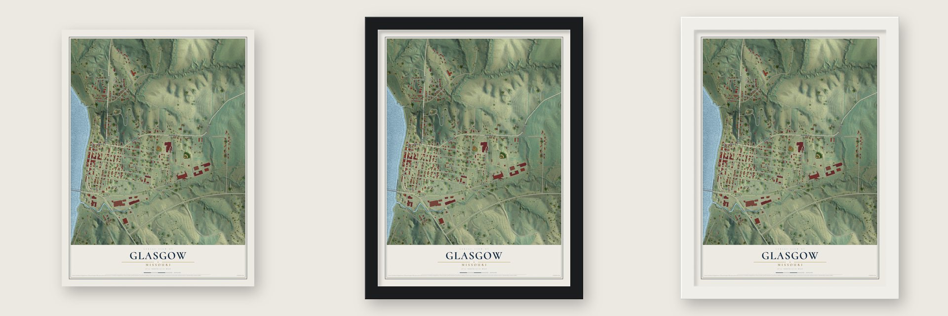 Glasgow, Missouri map unframed, in a black wood frame and in a white wood frame