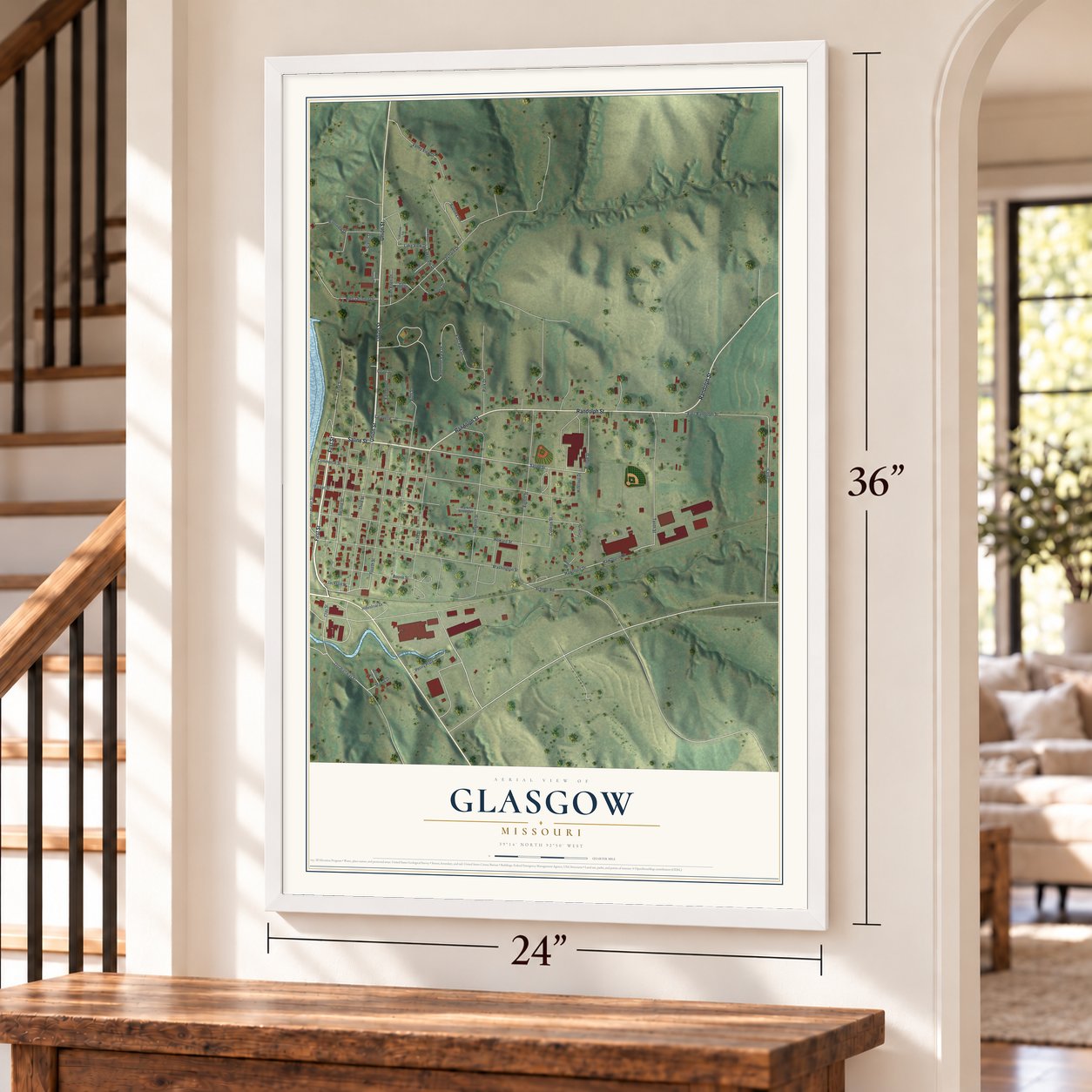Glasgow, Missouri map, 24 x 36 inch print in a white frame by a staircase
