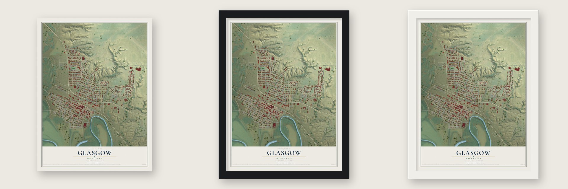 Glasgow, Montana map unframed, in a black wood frame and in a white wood frame