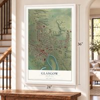 Glasgow, Montana map, 24 x 36 inch print in a white frame by a staircase
