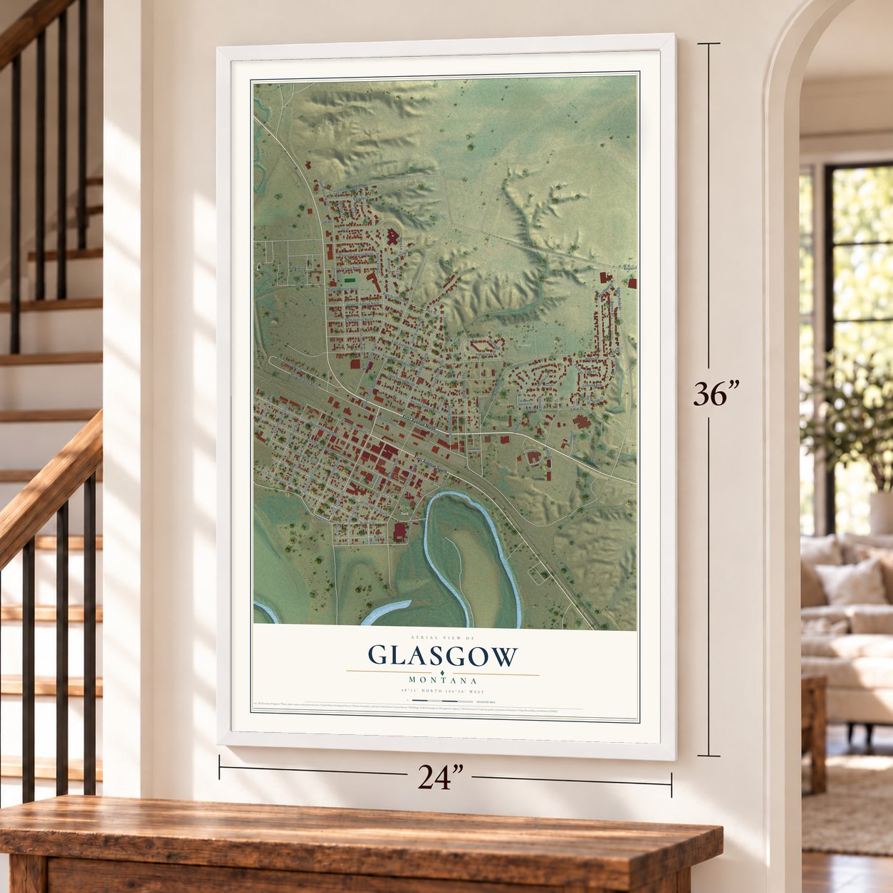 Glasgow, Montana map, 24 x 36 inch print in a white frame by a staircase