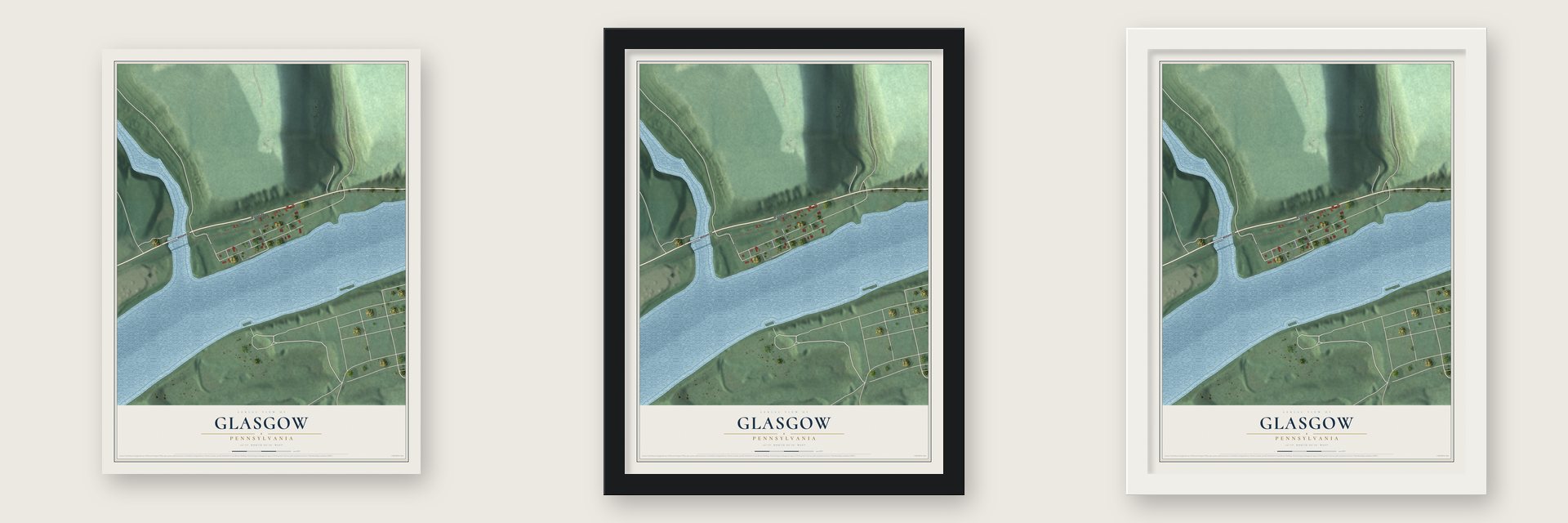 Glasgow, Pennsylvania map unframed, in a black wood frame and in a white wood frame