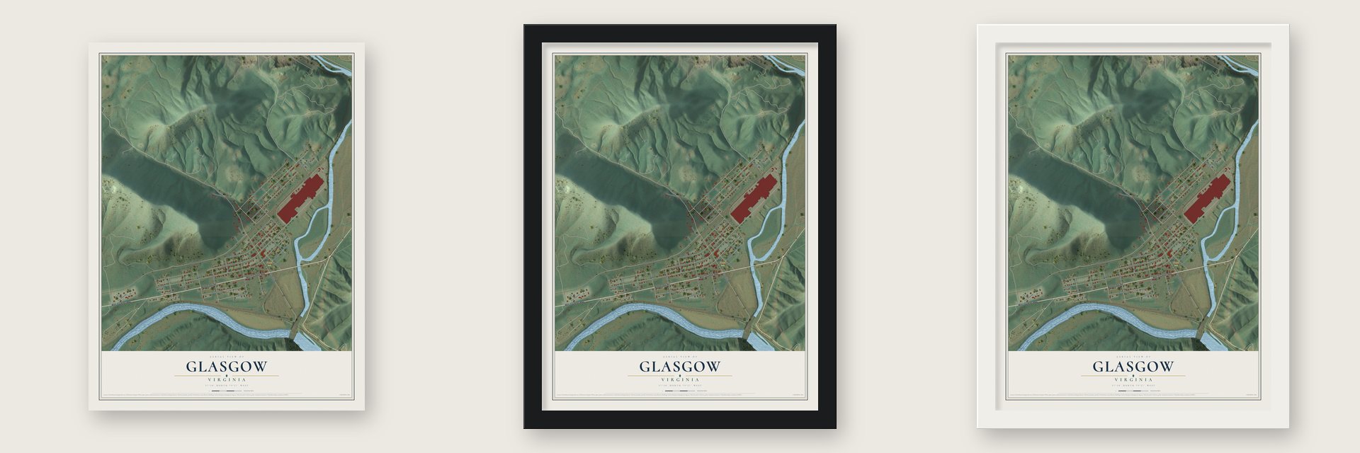 Glasgow, Virginia map unframed, in a black wood frame and in a white wood frame