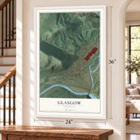 Glasgow, Virginia map, 24 x 36 inch print in a white frame by a staircase