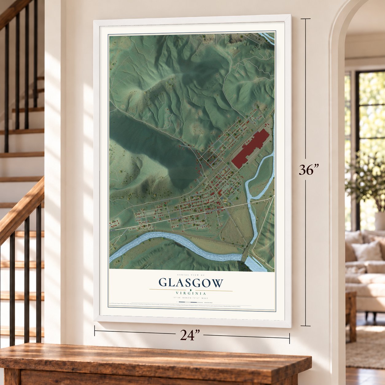 Glasgow, Virginia map, 24 x 36 inch print in a white frame by a staircase