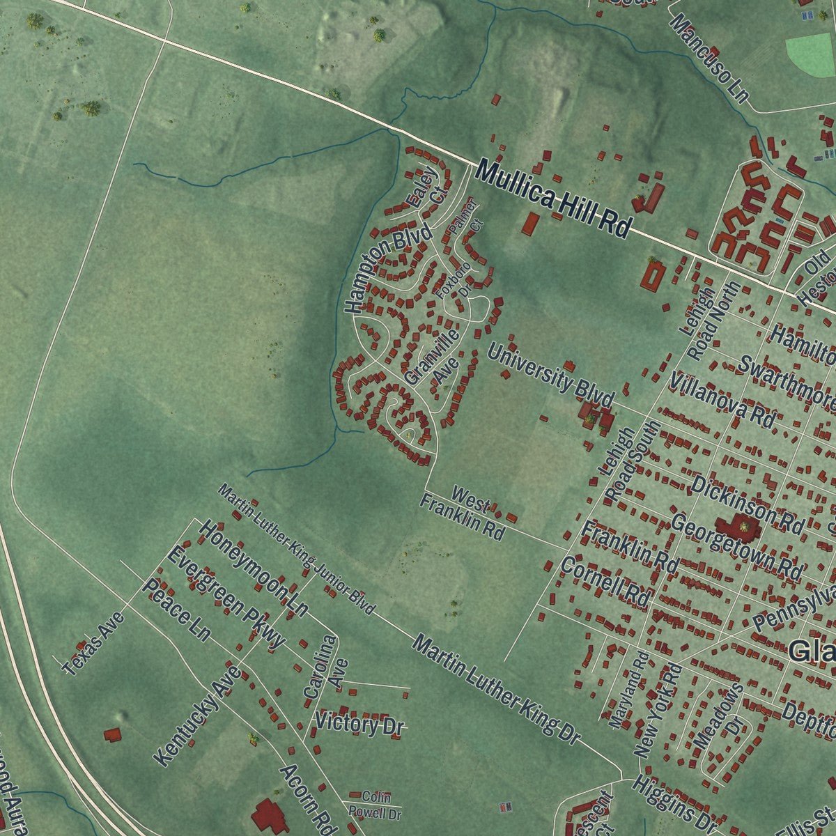 Second close-up of the map of Glassboro, New Jersey print showing more streets and buildings