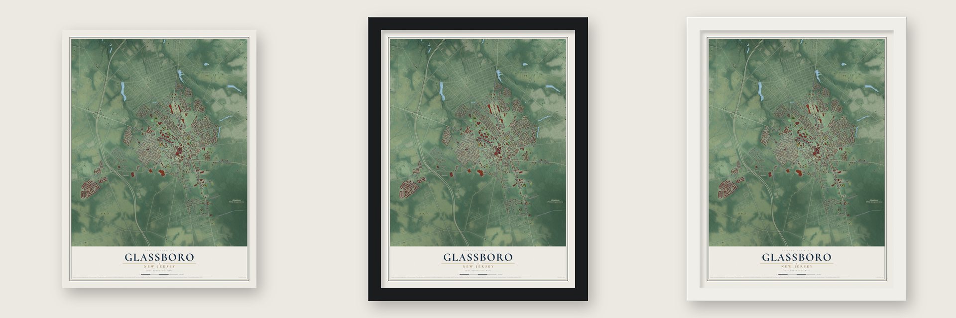 Glassboro, New Jersey map unframed, in a black wood frame and in a white wood frame
