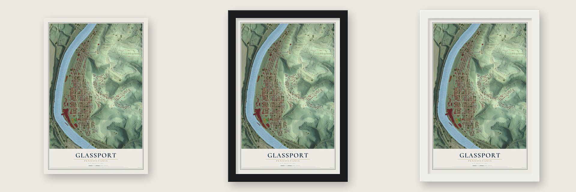 Glassport, Pennsylvania map unframed, in a black wood frame and in a white wood frame