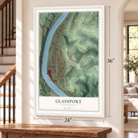 Glassport, Pennsylvania map, 24 x 36 inch print in a white frame by a staircase
