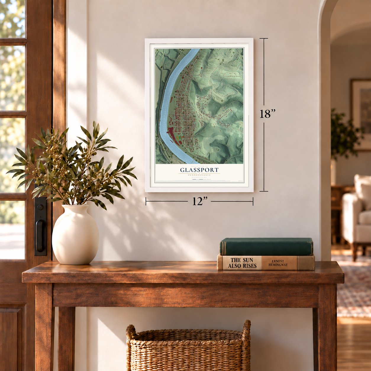 Glassport, Pennsylvania map, 12 x 18 inch print in a white frame in an entryway