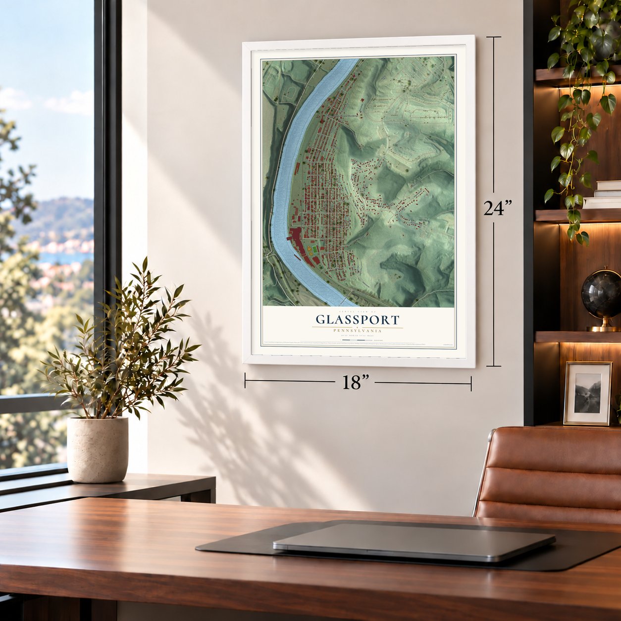 Glassport, Pennsylvania map, 18 x 24 inch print in a white frame in a home office