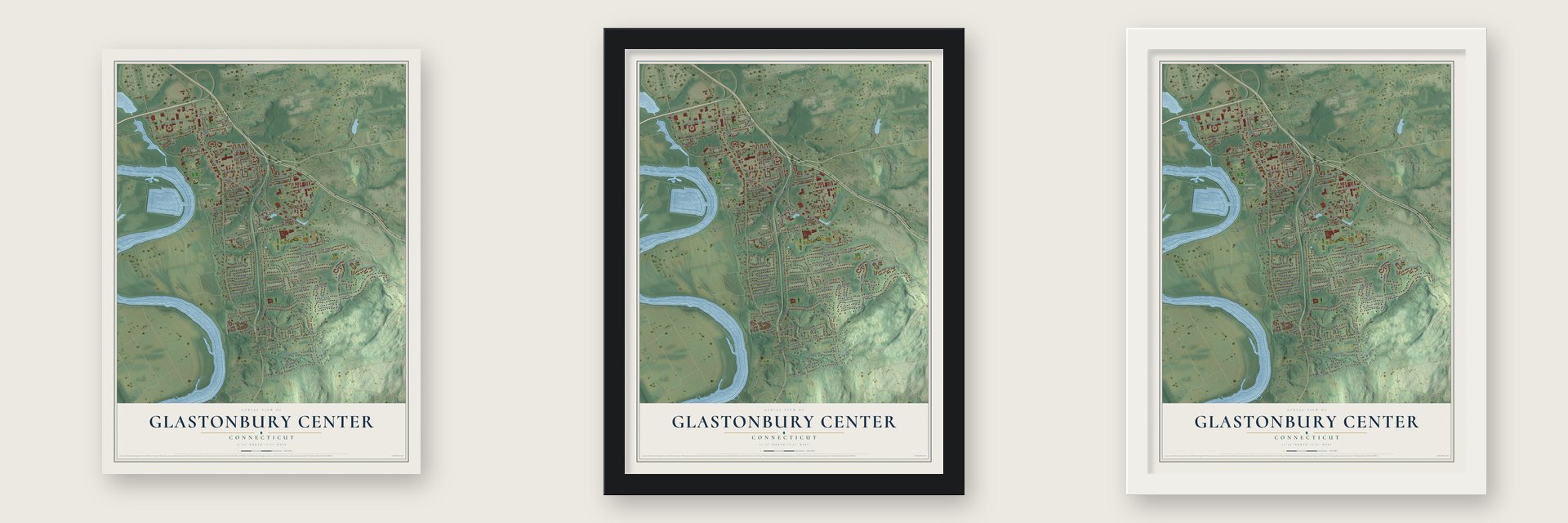 Glastonbury Center, Connecticut map unframed, in a black wood frame and in a white wood frame