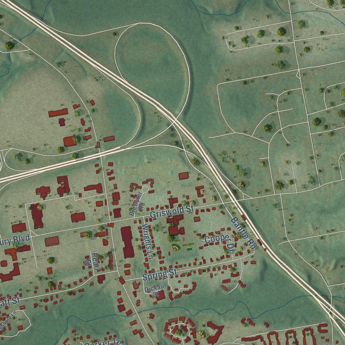 Second close-up of the map of Glastonbury Center, Connecticut print showing more streets and buildings