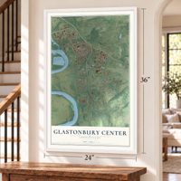 Glastonbury Center, Connecticut map, 24 x 36 inch print in a white frame by a staircase
