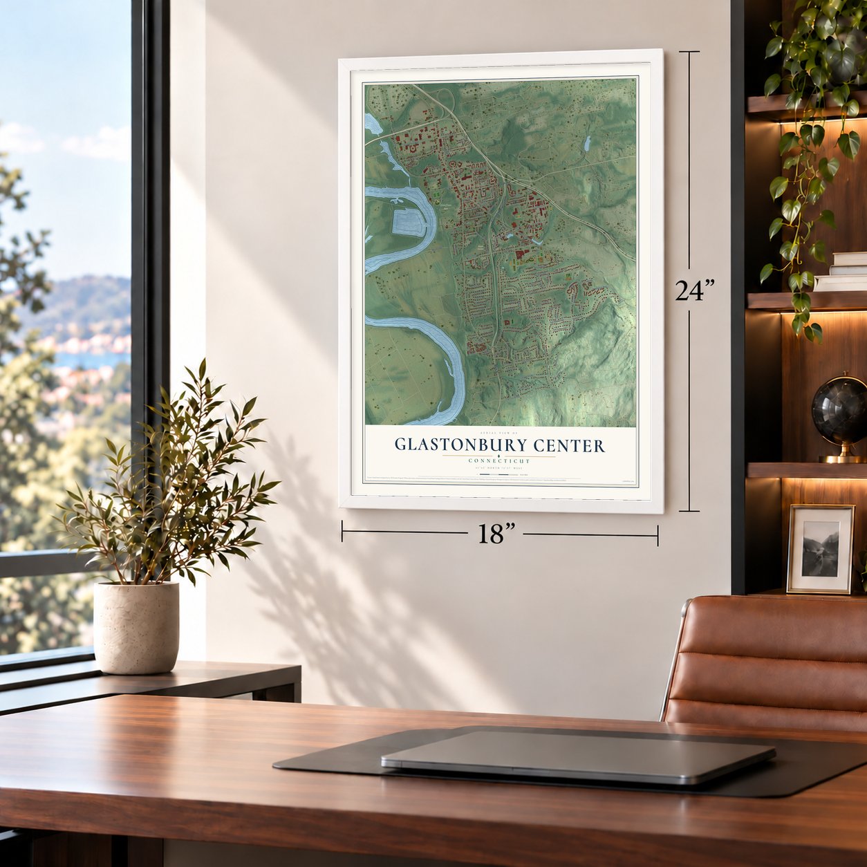 Glastonbury Center, Connecticut map, 18 x 24 inch print in a white frame in a home office