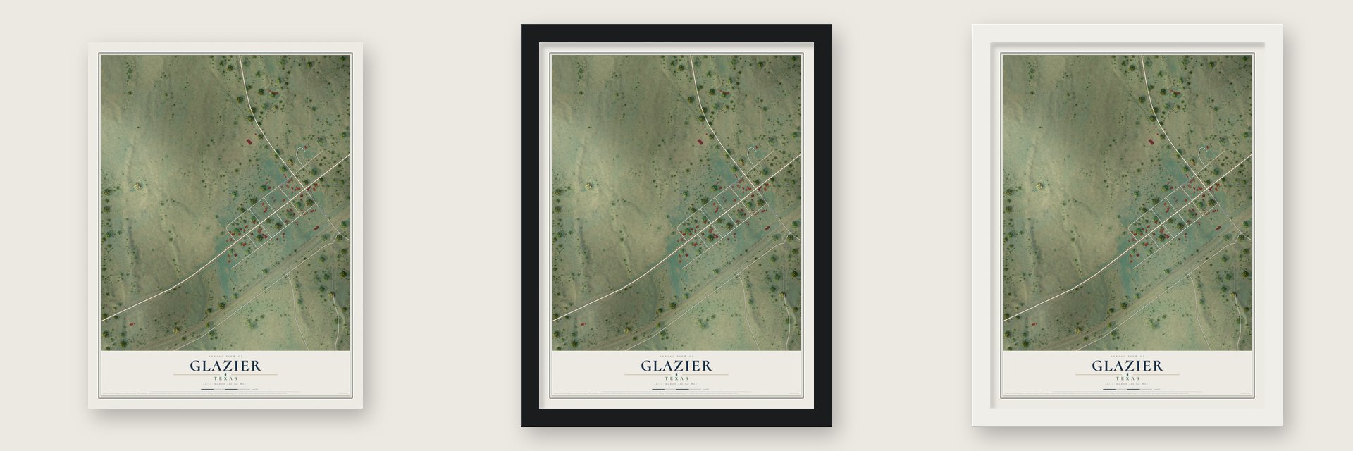 Glazier, Texas map unframed, in a black wood frame and in a white wood frame