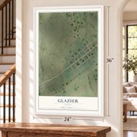 Glazier, Texas map, 24 x 36 inch print in a white frame by a staircase