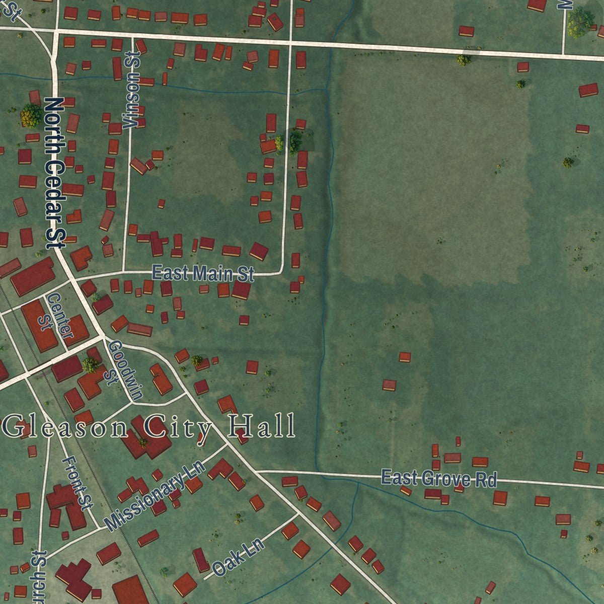 Second close-up of the map of Gleason, Tennessee print showing more streets and buildings