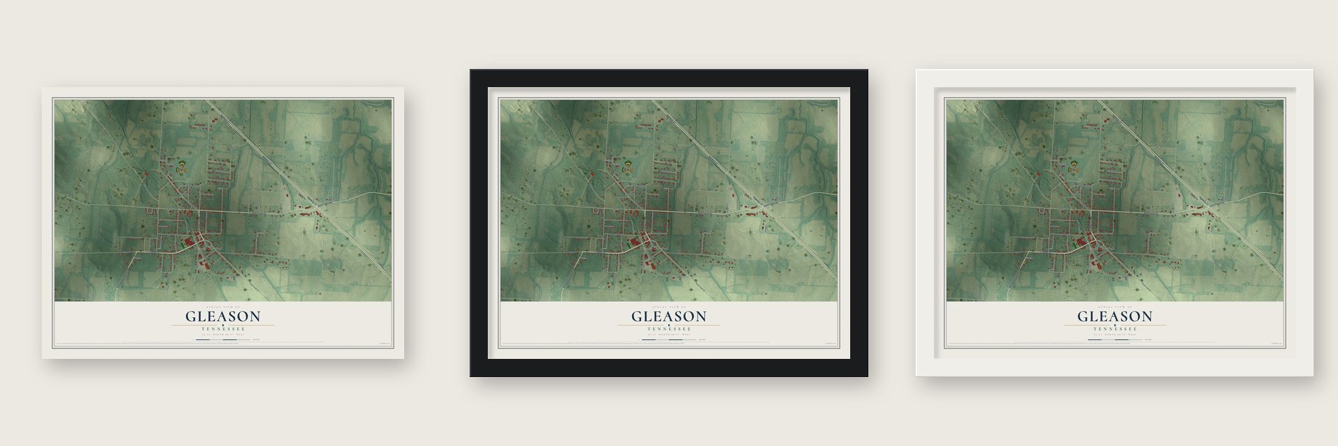 Gleason, Tennessee map unframed, in a black wood frame and in a white wood frame