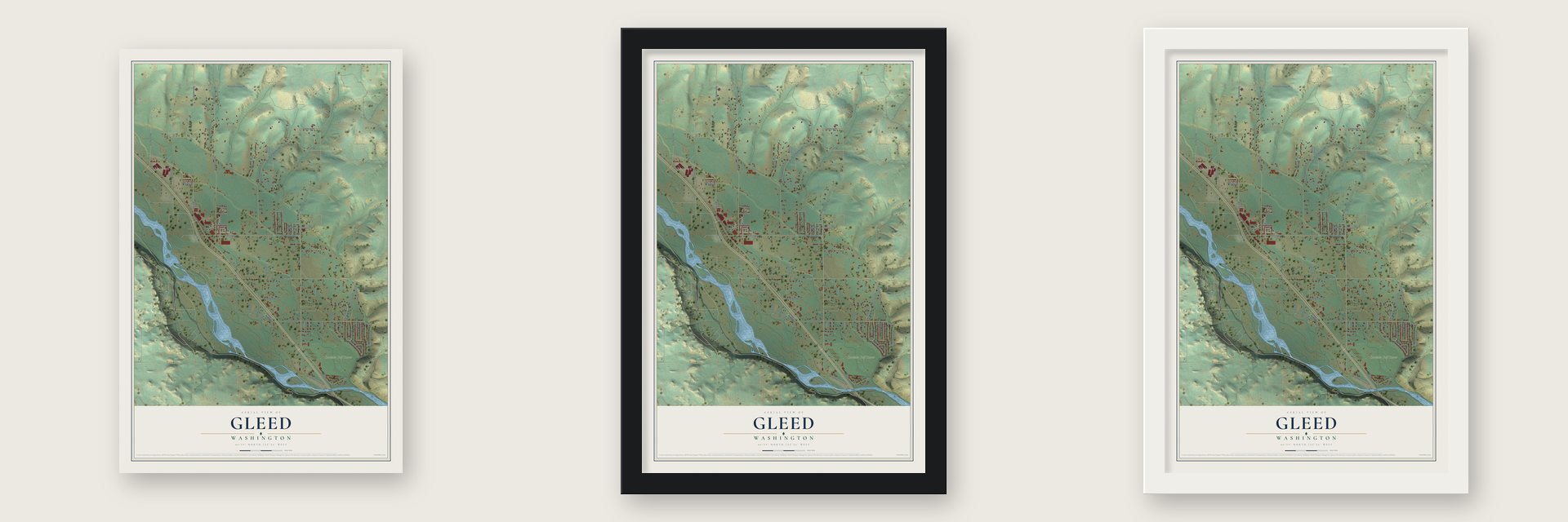 Gleed, Washington map unframed, in a black wood frame and in a white wood frame