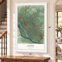 Gleed, Washington map, 24 x 36 inch print in a white frame by a staircase