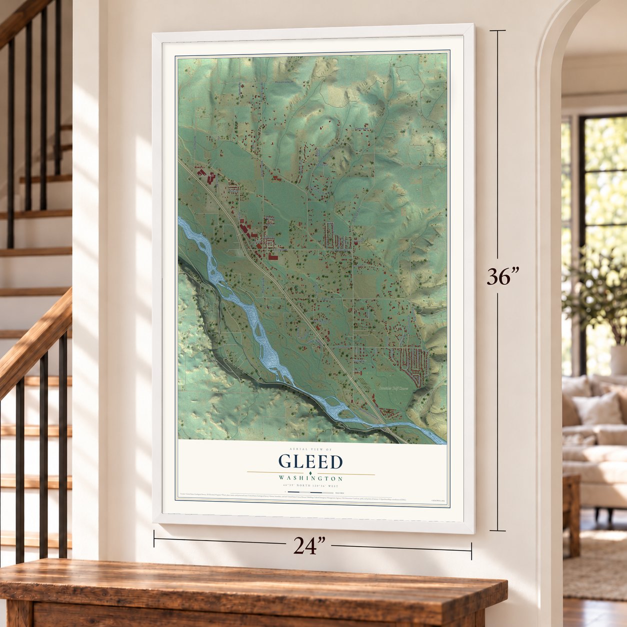 Gleed, Washington map, 24 x 36 inch print in a white frame by a staircase