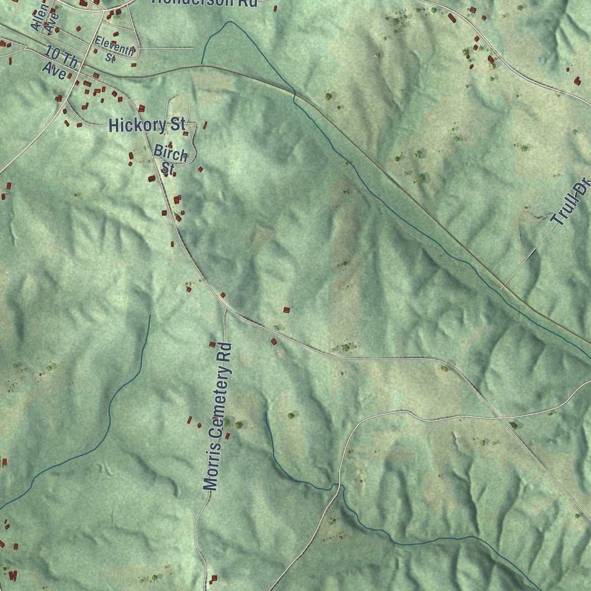 Second close-up of the map of Glen Allen, Alabama print showing more streets and buildings