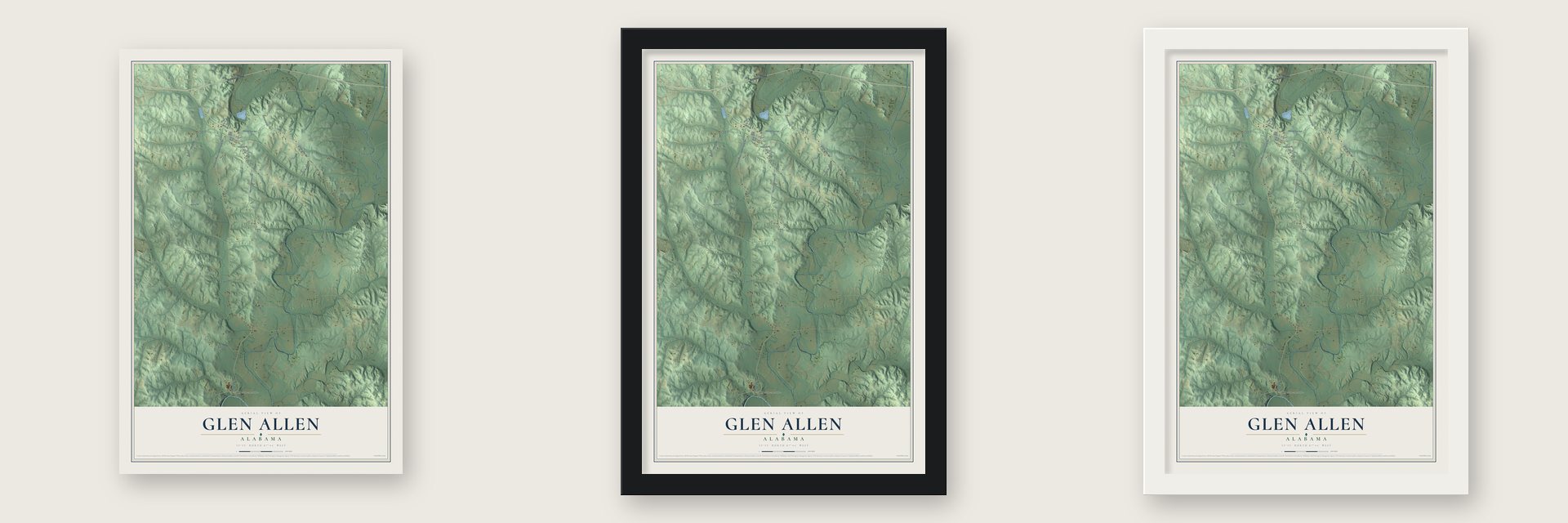 Glen Allen, Alabama map unframed, in a black wood frame and in a white wood frame