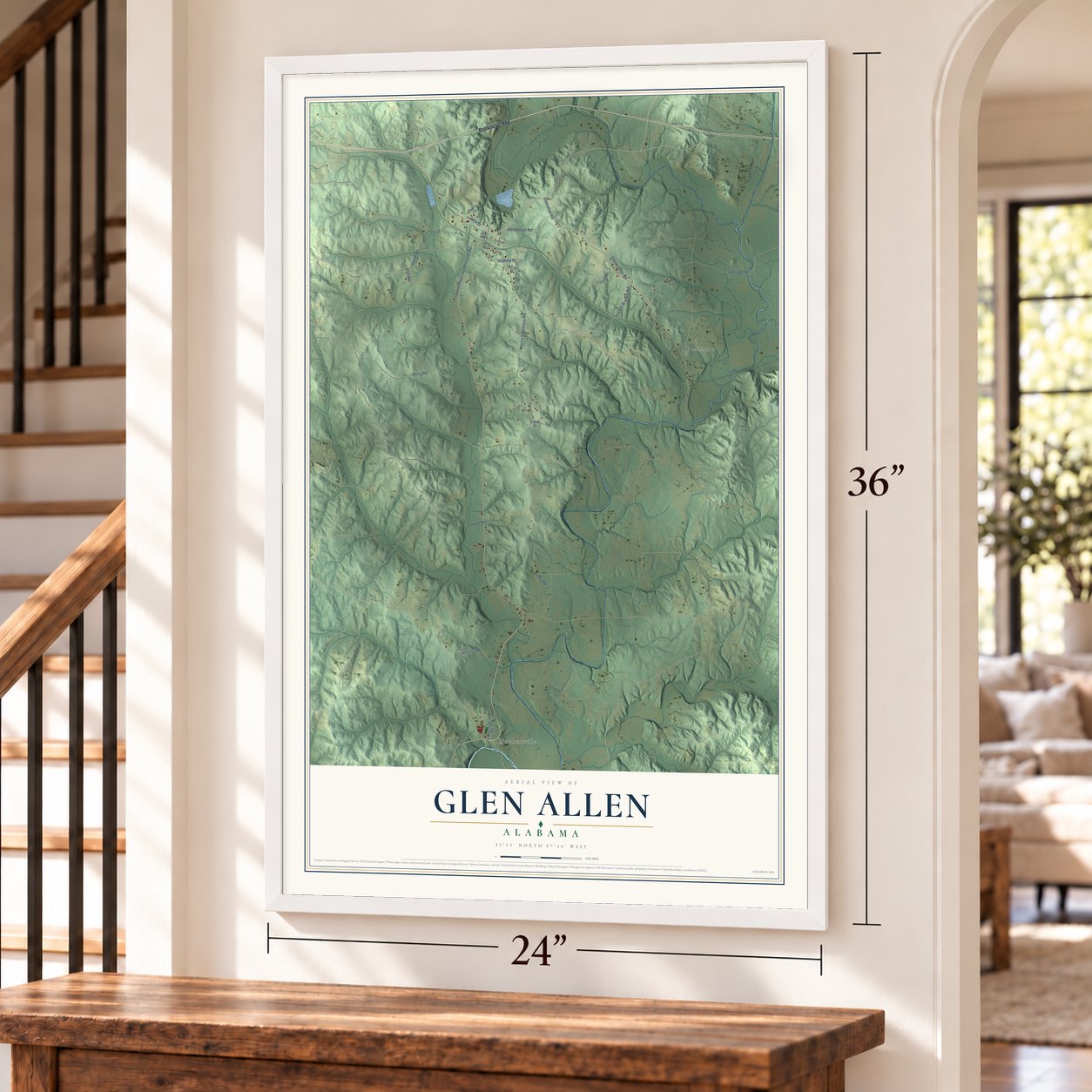 Glen Allen, Alabama map, 24 x 36 inch print in a white frame by a staircase