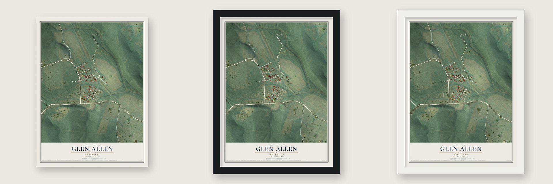 Glen Allen, Missouri map unframed, in a black wood frame and in a white wood frame
