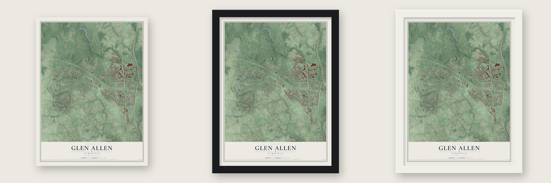 Glen Allen, Virginia map unframed, in a black wood frame and in a white wood frame