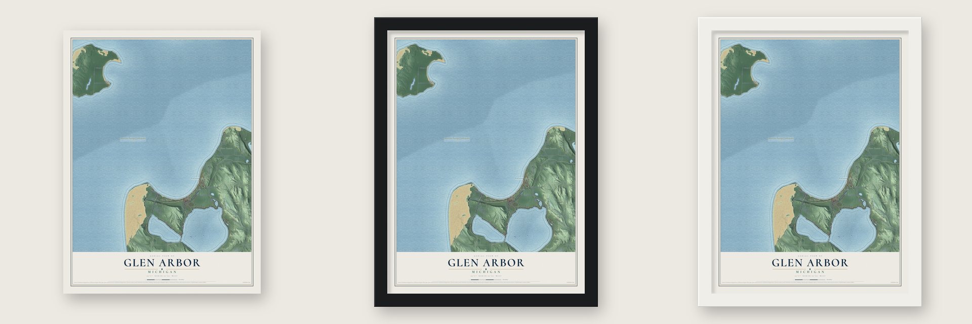 Glen Arbor, Michigan map unframed, in a black wood frame and in a white wood frame