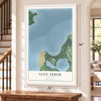 Glen Arbor, Michigan map, 24 x 36 inch print in a white frame by a staircase