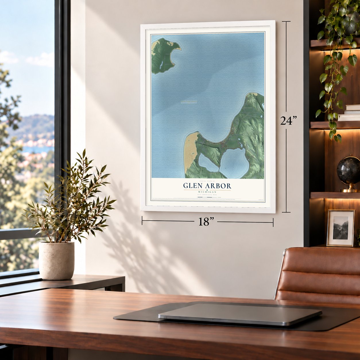 Glen Arbor, Michigan map, 18 x 24 inch print in a white frame in a home office